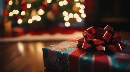 Christmas gift wrapping with vibrant paper, soft lighting, cozy home setup