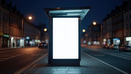 City Street Serenity at Night. Street advertising bus stop mockup