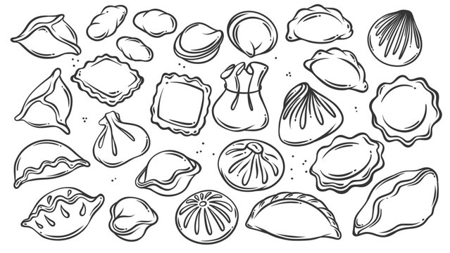 Dumplings line icons set. Outline hand drawn bao bun and pierogi, pelmeni, baozi of triangle and round shape. Dim sum food, Asian and European cuisine mascot, icons collection vector illustration