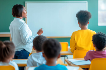 An African American female teacher instructing a group of young students in a classroom with yellow chairs and a green chalkboard background
