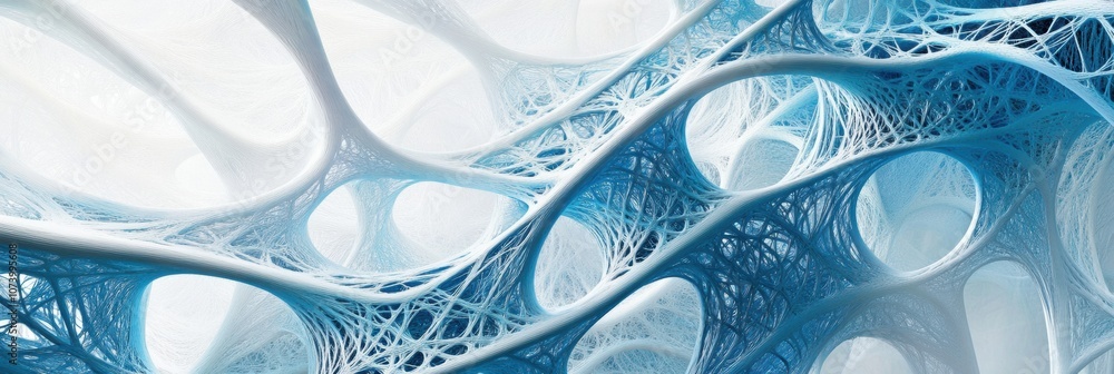 Poster this artwork features an intricate 3d pattern created by flowing blue and white network lines agains