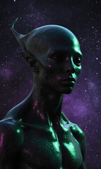 Alien with purple glow and black eyes in the void