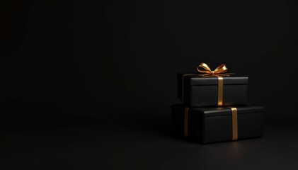 Stack of Luxurious Black Gift Boxes with Gold Ribbon on Dark Background, black friday