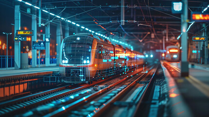 A Futuristic Train Approaches the Platform at a Busy Urban Station Illuminated by Vibrant Lights During the Night