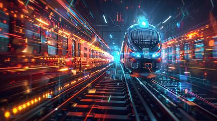 A Futuristic Train Speeds Through a Vibrant, Illuminated Railway Station at Night, Surrounded by Dynamic Light Trails and Digital Patterns