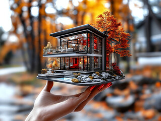 A human hand holding a miniature house model represents the concept of a new home or property. The image symbolizes mortgage, home loan, and financial security, conveying themes of stability, owner