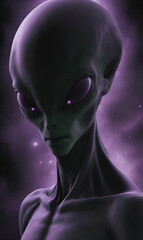 Alien with large eyes radiating mysterious energy