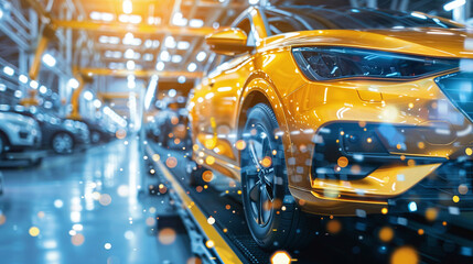 Bright Orange Car Nearing Completion on an Assembly Line in a Spacious Automotive Manufacturing Facility During Daytime