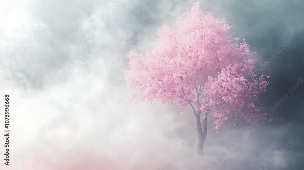 Poster ethereal pink tree in cloudy background blurred bottom and white smoke effect