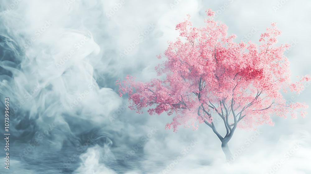 Poster ethereal pink tree in cloudy background blurred bottom and white smoke effect