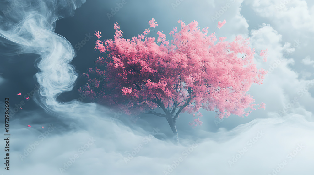 Poster ethereal pink tree in cloudy background blurred bottom and white smoke effect