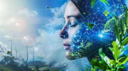 A Serene Depiction of a Woman Contemplating Nature Amidst Wind Turbines, Symbolizing a Harmonious Connection Between Humanity and the Environment in Bright Daylight