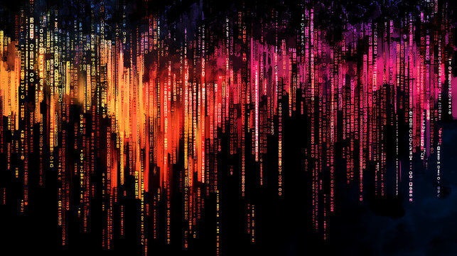 Futuristic binary code data stream on dark computer display digital painting
