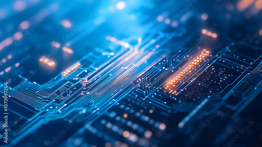 Poster Futuristic glowing blue circuit board pattern modern tech abstract background