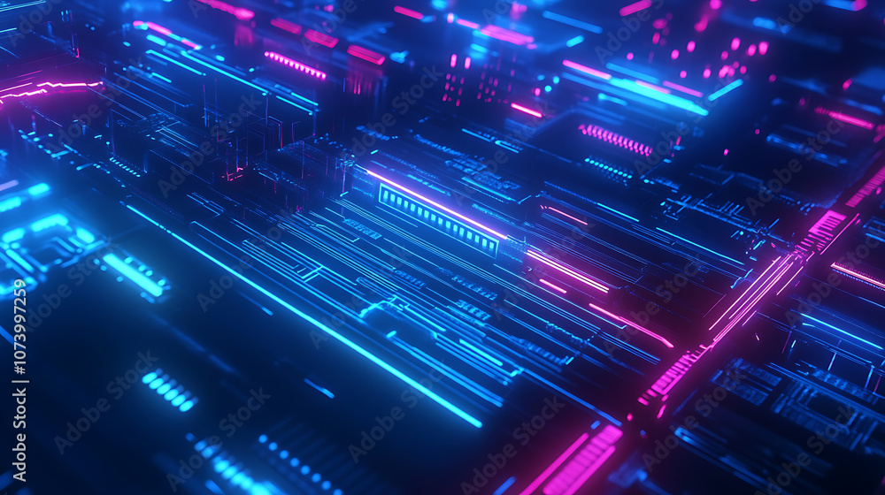 Poster Futuristic glowing blue circuit board pattern modern tech abstract background