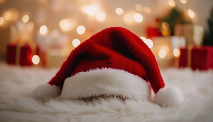 Santa hat with vibrant red color, soft lighting, cozy holiday setting
