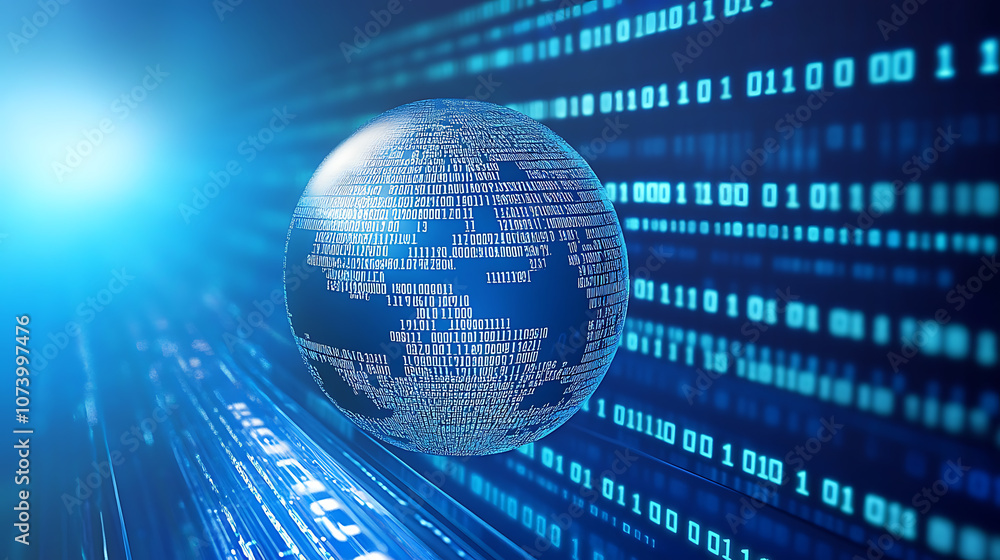 Poster Digital globe on blue background with binary code, symbolizing global internet connection and data transfer technology