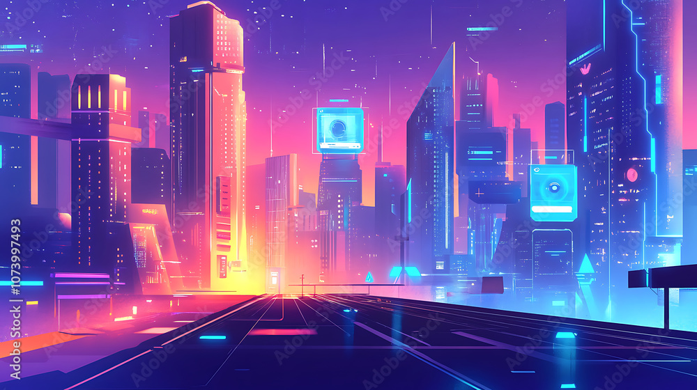 Poster futuristic smart city with digital technology elements and holographic interfaces concept illustrati