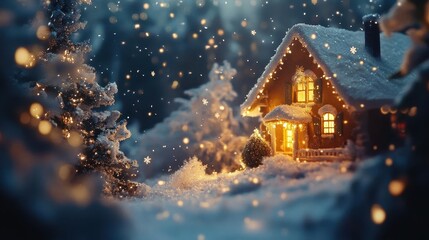Obraz premium Snowflakes falling over a cozy home, soft glow, festive atmosphere, vibrant decorations