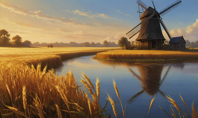 An old windmill and a field of golden ears