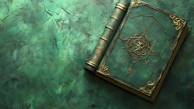 Ancient green theme grimoire adorned with arcane symbo background. Arcane. Illustration