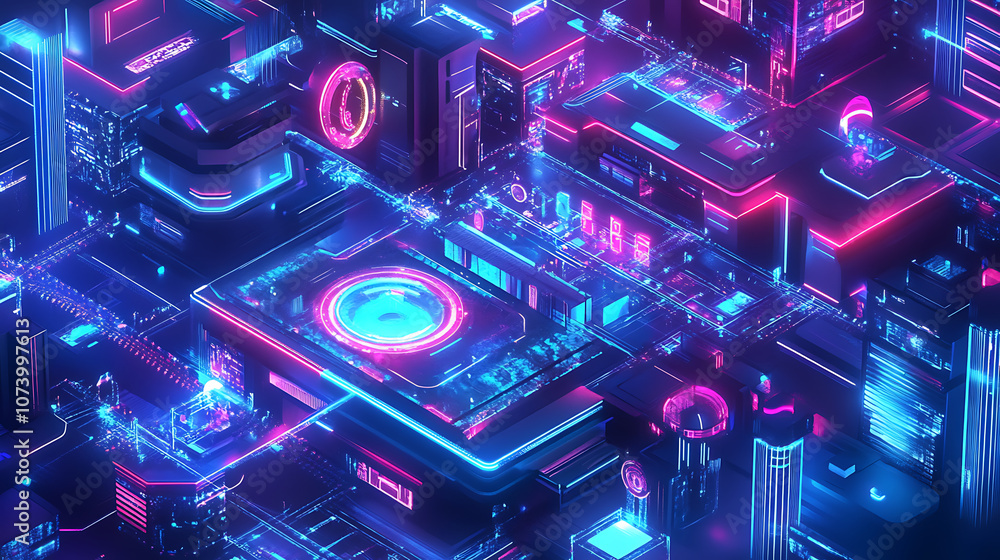 Poster futuristic smart city with digital technology elements and holographic interfaces concept illustrati