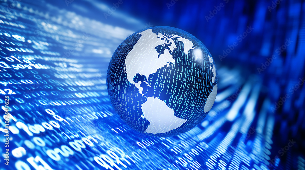 Poster Digital globe on blue background with binary code, symbolizing global internet connection and data transfer technology