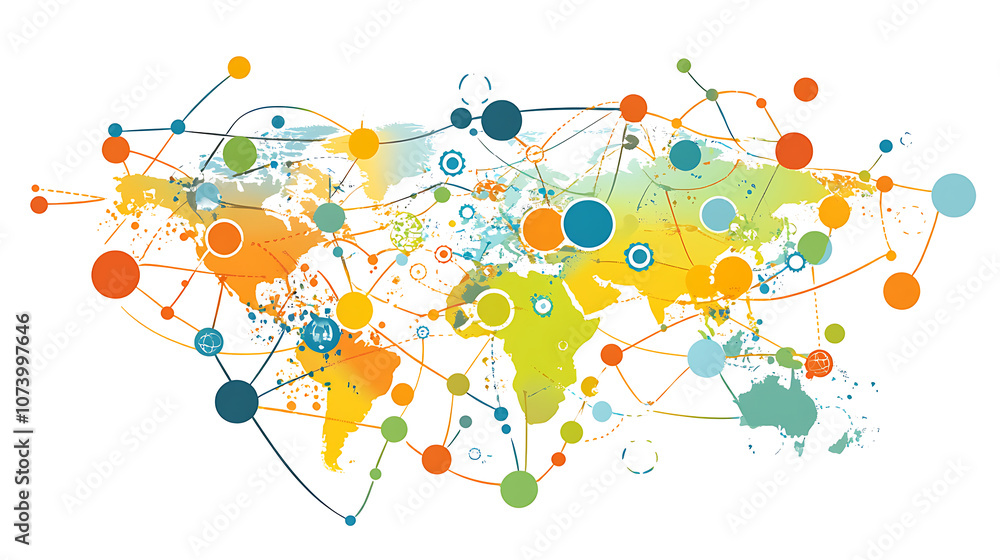 Poster global business network concept interconnected web of companies and industries abstract illustration