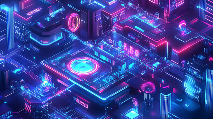 Obraz premium Futuristic smart city with digital technology elements and holographic interfaces concept illustration