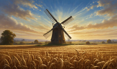 An old windmill and a field of golden ears