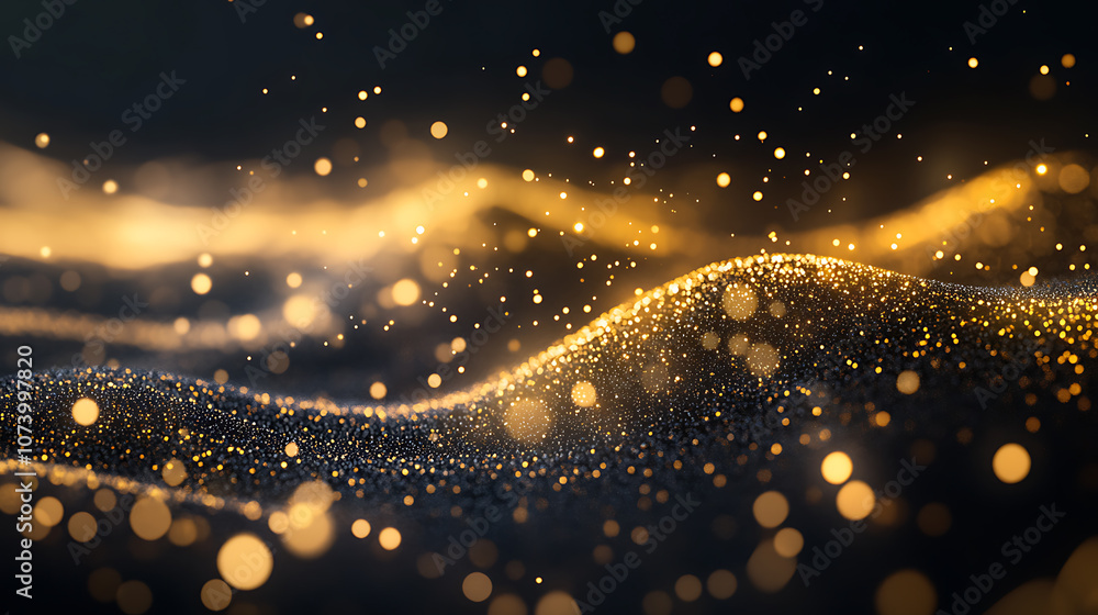 Poster abstract golden light stripes background with lines and glowing dots on a black background