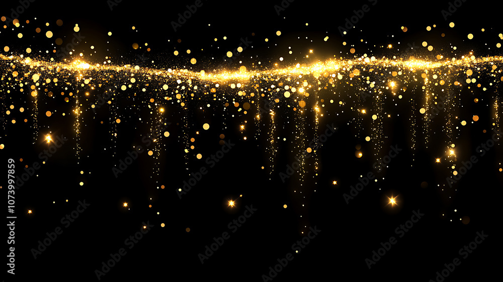 Poster abstract golden light stripes background with lines and glowing dots on a black background