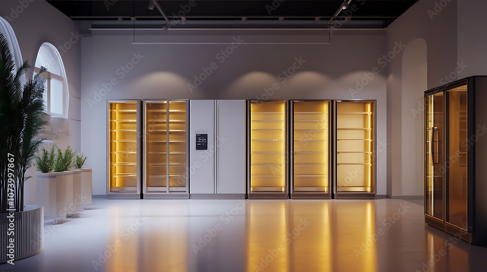 Poster eclectic display of empty glass door refrigerators in appliance store showroom 3d render visualizati