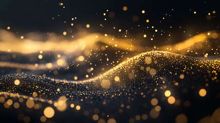 Abstract golden light stripes background with lines and glowing dots on a black background