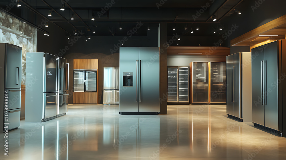 Poster eclectic display of empty glass door refrigerators in appliance store showroom 3d render visualizati