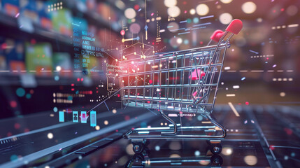 A Digital Shopping Cart Stands in a Vibrant Supermarket Aisle Filled With Products, Showcasing the Intersection of Technology and Retail Experience in Modern Consumer Environments