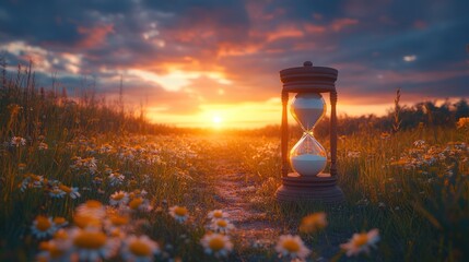 Hourglass on a field of daisies at sunset.