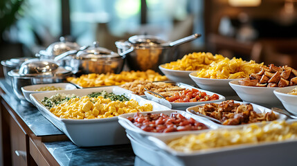 Fototapeta premium Gourmet sunday brunch buffet feast with delectable breakfast and lunch dishes