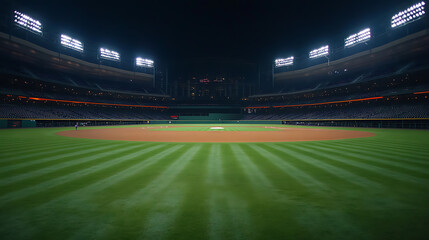 Empty baseball stadium illuminated field awaits exciting game with cheering fans sports arena photo