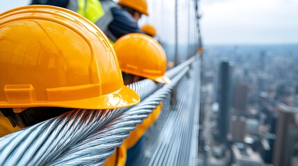 Engineers with hard hats and safety vests assessing an aging bridge, close-up on tension wires and steel cables, urban landscape in the distance