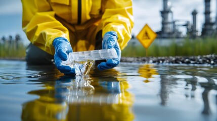 Engineer at a river near refinery, taking samples from murky water, toxic warning signs nearby, detailed industrial landscape with an environmental focus