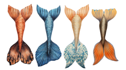 Colorful Collection of Mermaid Tails on a Transparent Background Generative AI