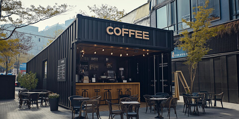 Modern coffee shop made from shipping container offering outdoor seating