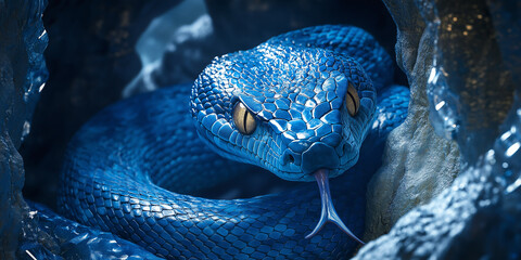 Blue viper snake emerging from its lair showing forked tongue