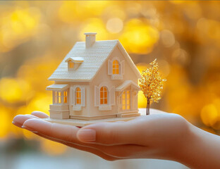 A woman's hand holding  holding a miniature house model, representing the concept of a new home or property. The image symbolizes mortgage, home loan, and financial security