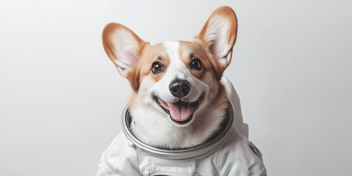 Smiling corgi astronaut wearing space suit posing for camera in studio