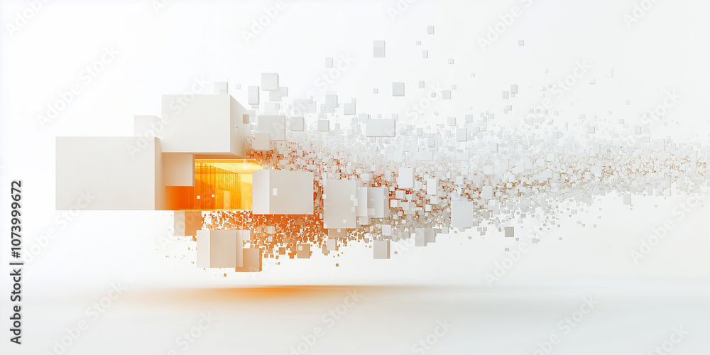 Poster White cubes exploding and transforming into smaller particles creating a flowing stream of light
