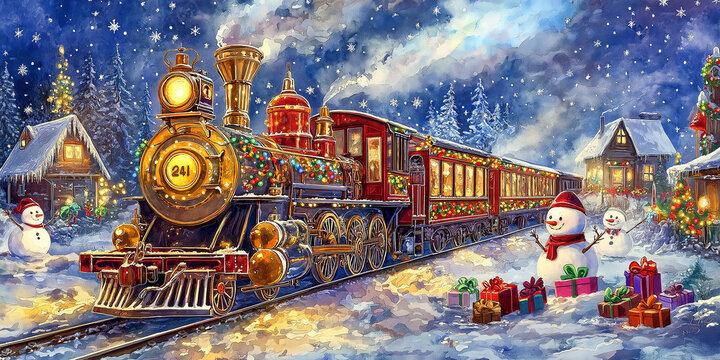 Christmas train arriving at the station with gifts and snowmen waiting