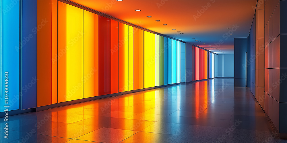 Poster modern corridor with colorful backlit glass panels creating vibrant reflections