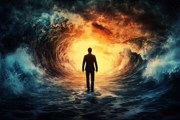 Obraz premium Silhouette of man facing fiery and turbulent ocean waves, resilience symbol